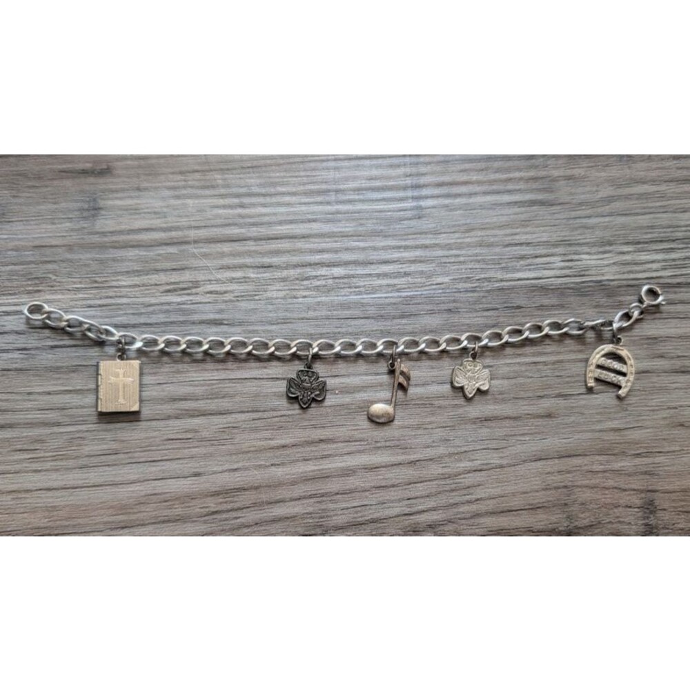 Vintage Sterling Silver 5 Charm Bracelet Bible Music Good Luck Scouts  7”